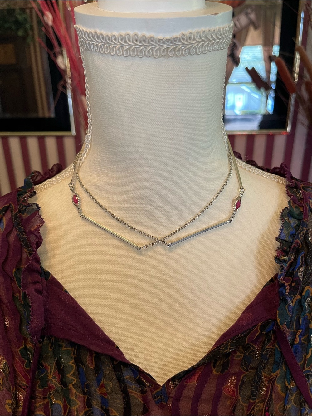 Vintage 1970s Sarah Coventry Silver Multi-Bar Layered Necklace with Pink Accents